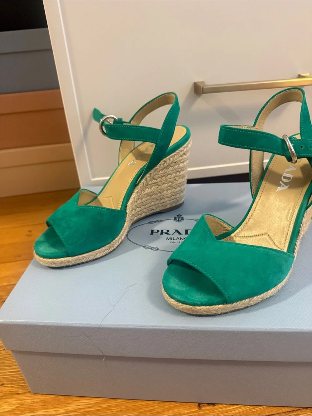 Prada Emerald Suede Espadrille Wedge Sandals